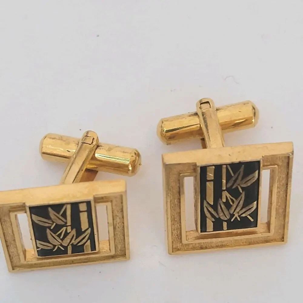 Japanese Damascene Gold Black Etched Painted Cufflinks Vintage Square‎
